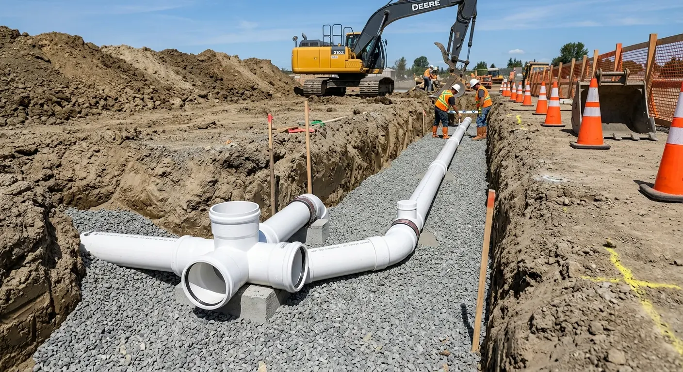 New PVC sewer pipe installation in open trench for Commercial Drain Cleaning in Woodbury