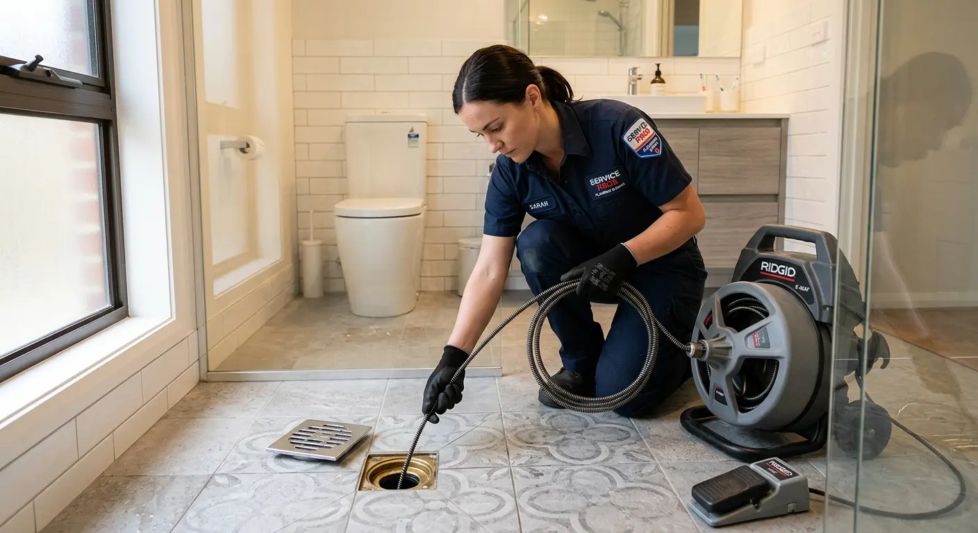 Technician clearing a bathroom floor drain for Clogged Drain Repair in Woodbury